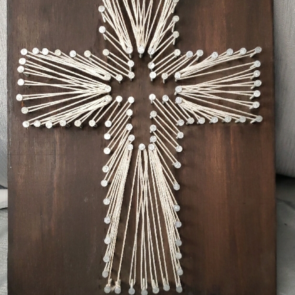 Handcrafted String Art Cross on Wood